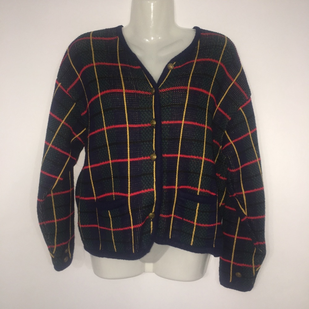 Tally-Ho‎ Creations Vintage Plaid Knit Cardigan Navy Red Gold Anchor Buttons